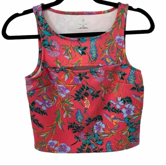 Decree Coral Floral Tropical Cropped Tank Top with slit - Picture 2 of 6